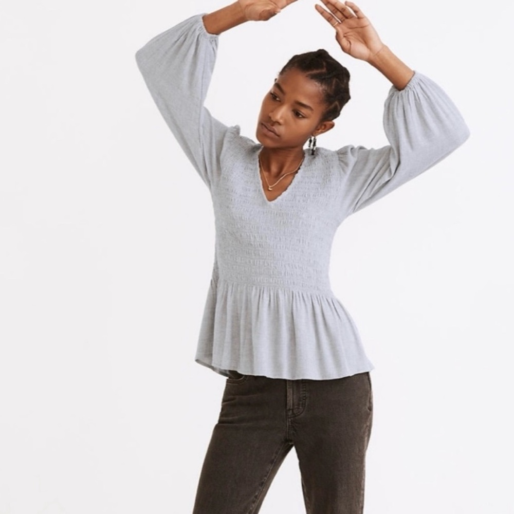 MADEWELL Smocked Gray Peplum Bracelet Sleeve Top Shirt Size M